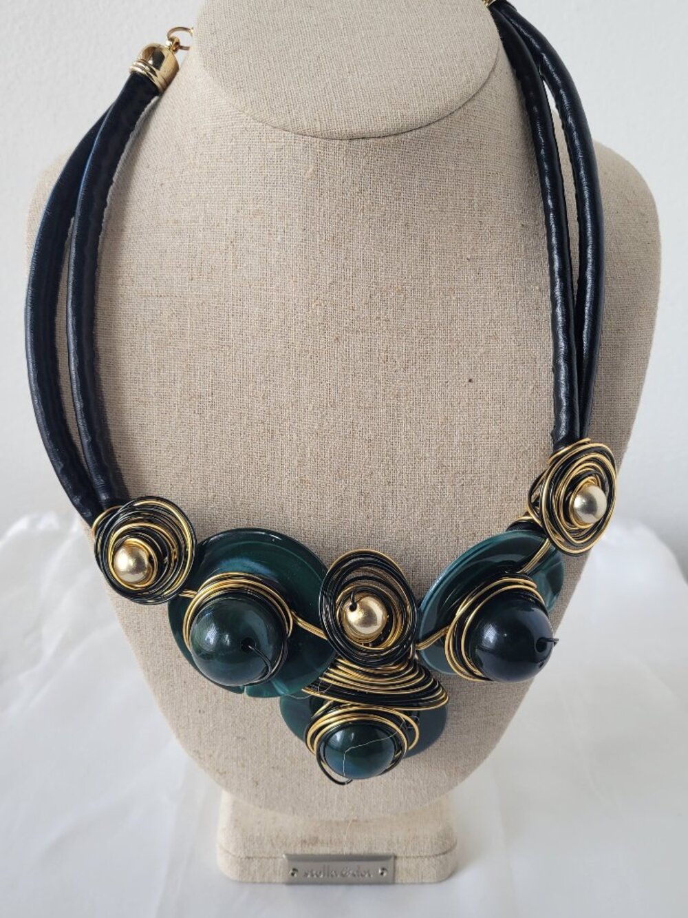 New Statement Necklace | Emerald Green & Black Sculptural Beads | Gold-Tone Wire